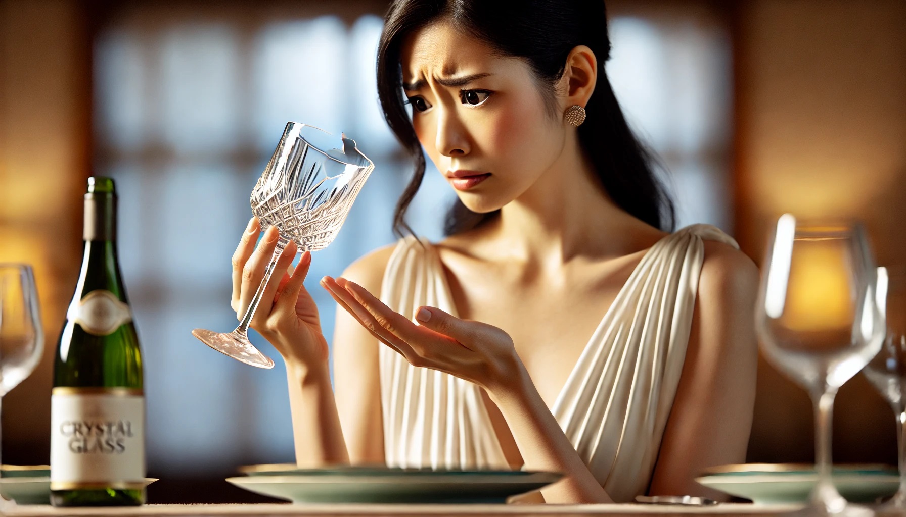 欠けてしまったグラスを持つ女性、割れたグラス