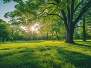 朝日が差し込む森林公園