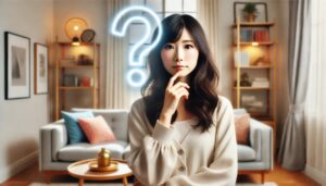 何かに疑問を感じている女性、？な表情