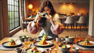 食器と料理の写真を撮る女性