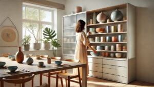 食器棚と色とりどりの食器、食器を整理する女性