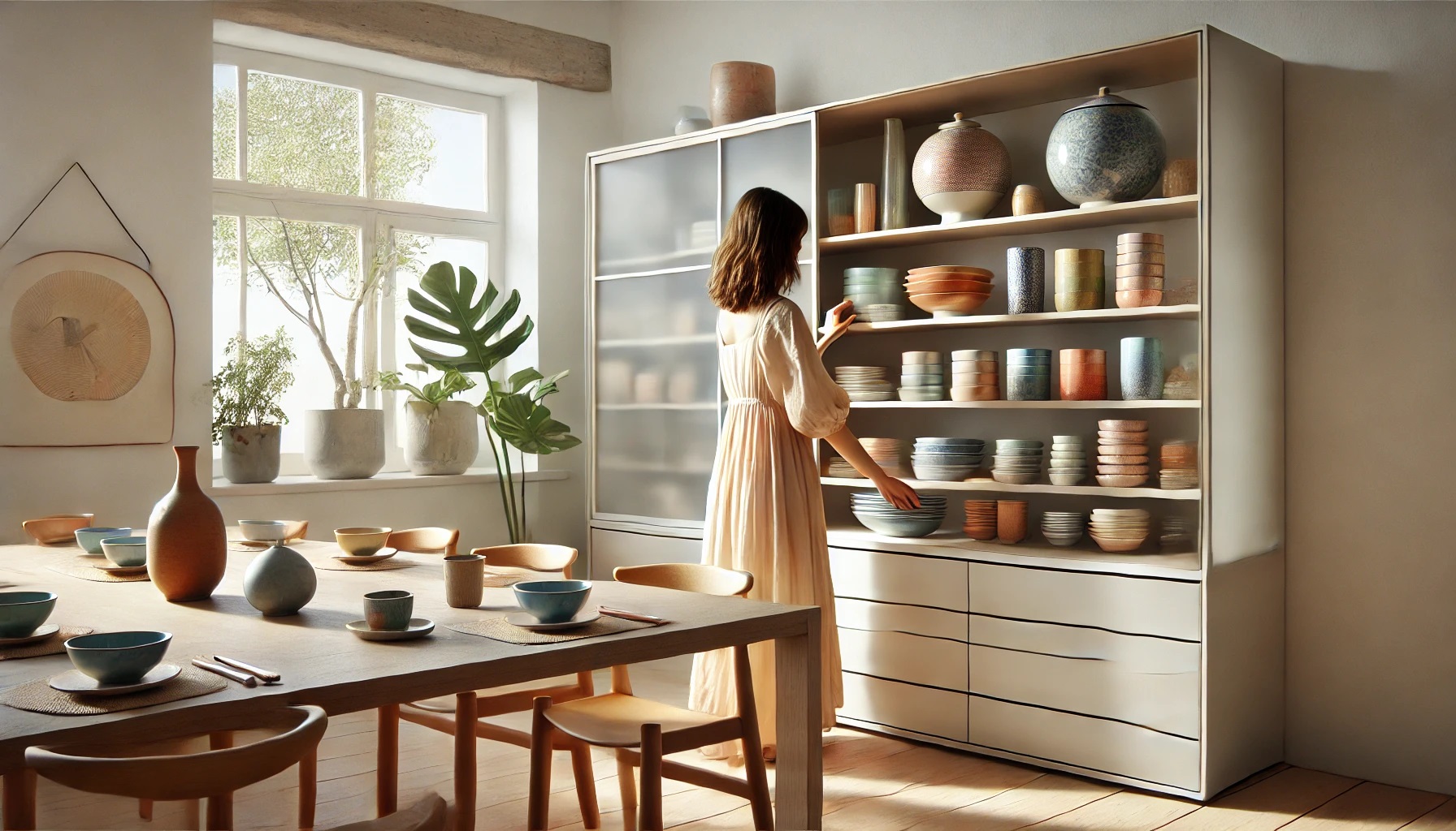 食器棚と色とりどりの食器、食器を整理する女性