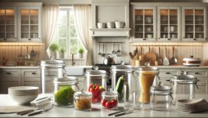 キッチンにあるガラスの保存容器、調理器具