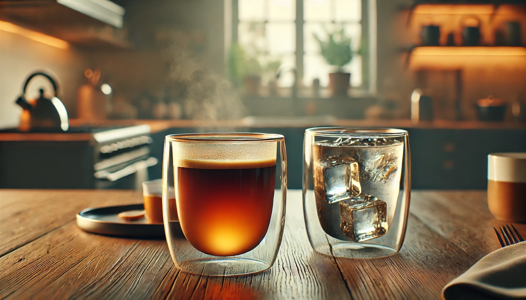 テーブルの上のダブルウォールグラス、ホットドリンクとアイスドリンク