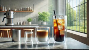 飲み物が入ったダブルウォールグラス、キッチン
