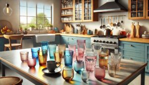 サイズがいろいろのグラスやコップ、キッチンのテーブル風景