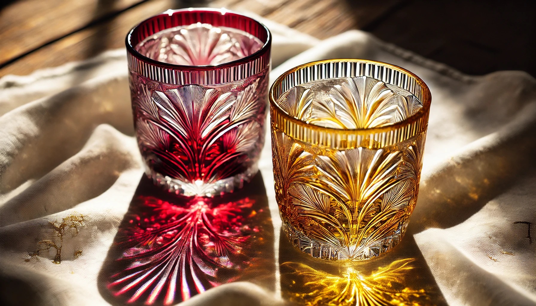 光を受けて輝く江戸切子、薩摩切子のグラス