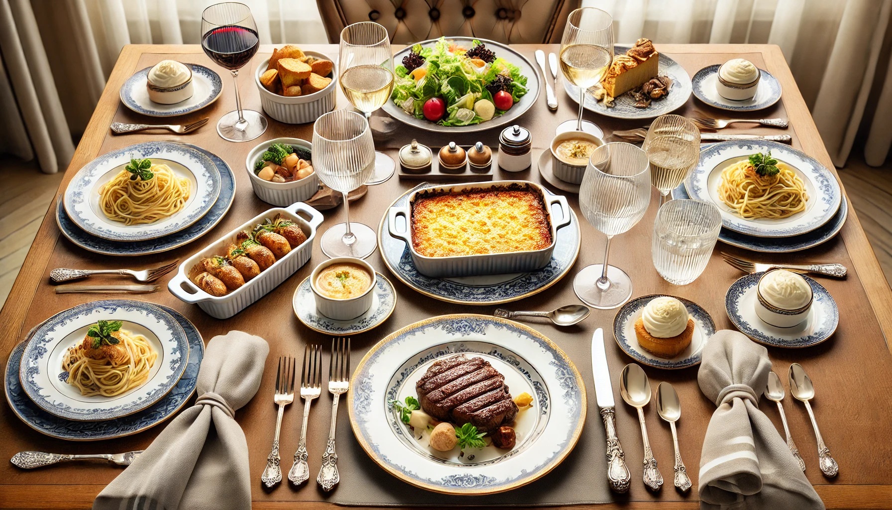 テーブルに並んだ美味しそうな洋食や洋食器