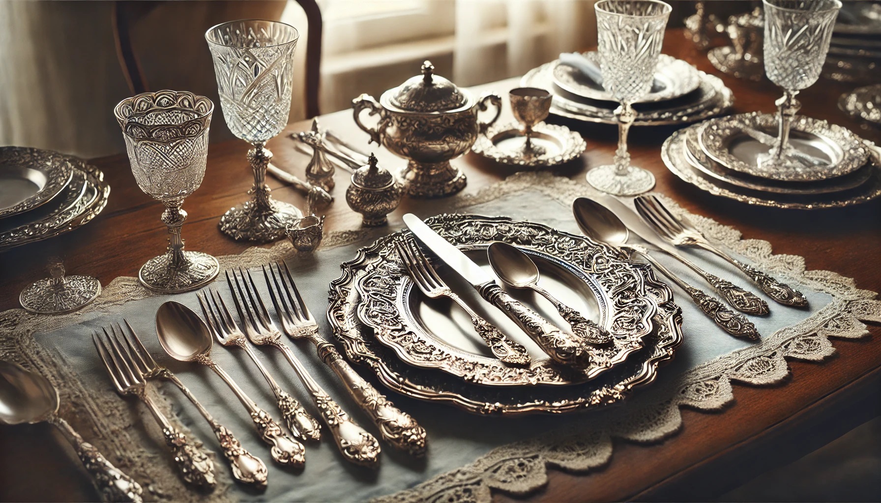 テーブルの上の美しい銀食器のコレクション