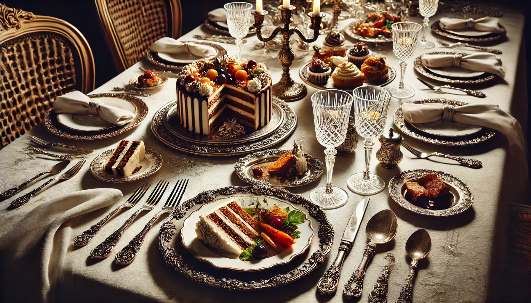 テーブルの上の銀食器と美味しそうな料理