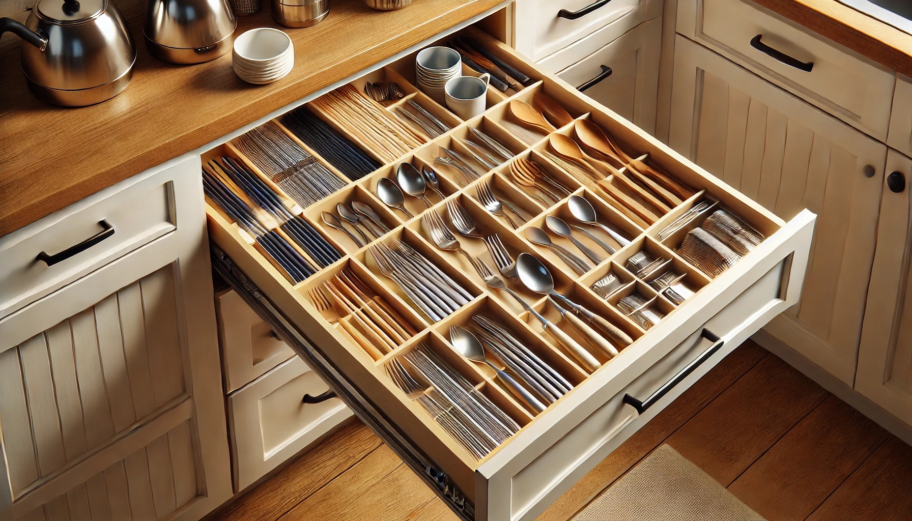 食器棚の引き出しに収納された箸やスプーン、フォークあどのカトラリー